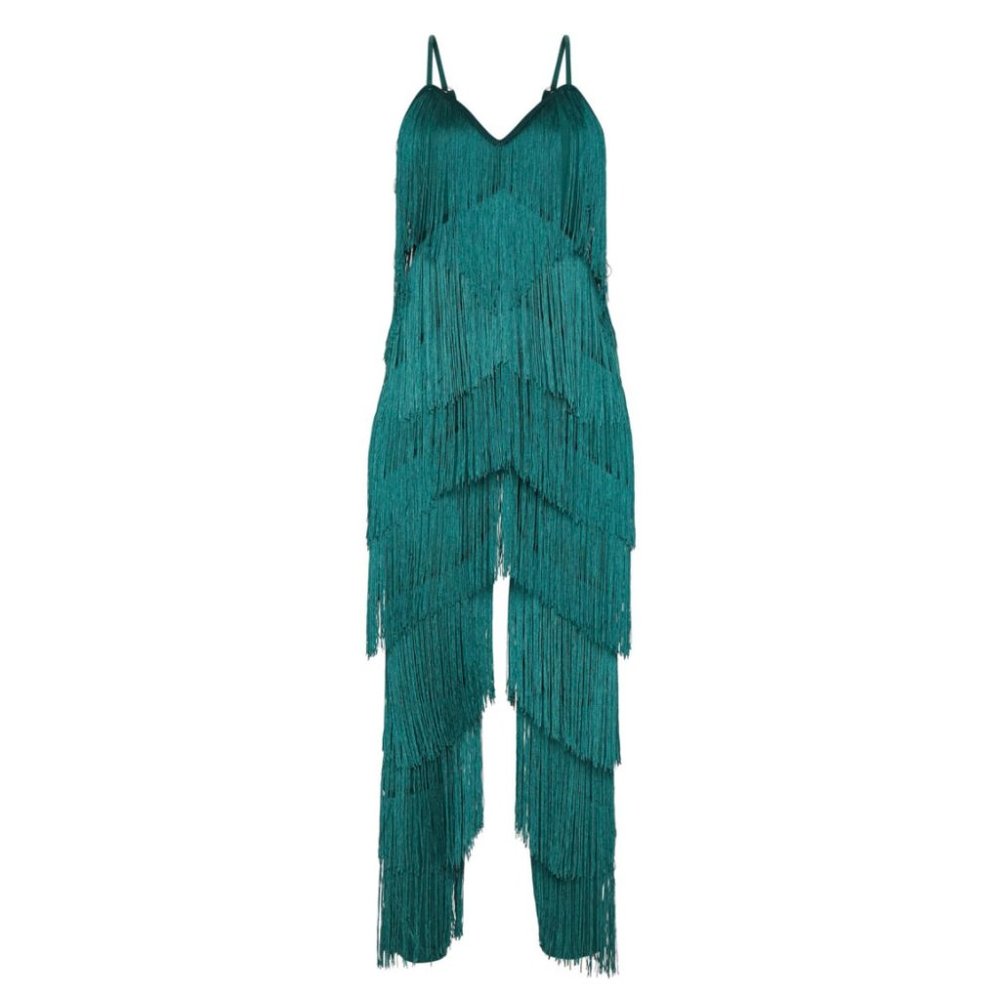 ❌ SOLD / Green Tassel Plunge Jumpsuit - Picture 4 of 9